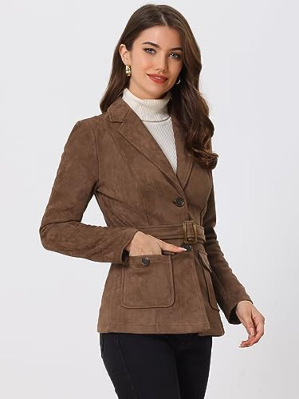 ๐ Women's Faux Suede Blazer Belted Lapel Outwear Single Breasted Work Jacket - Picture 3 of 7